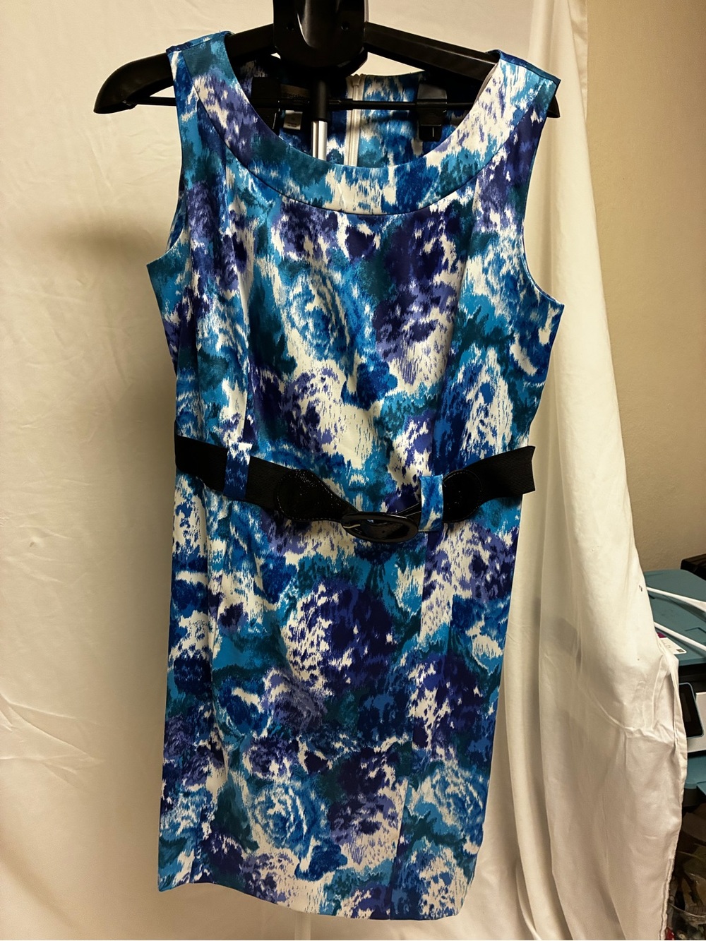Dressbarn Teal & Blue Abstract Sheath Dress with Black Belt